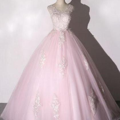 Pink v neck tulle lace ball gown formal dress  8240 main image 0