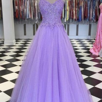 A Line Purple Lace Prom Dress