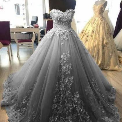Charming Silver Ball Gown Prom Dresses With Lace