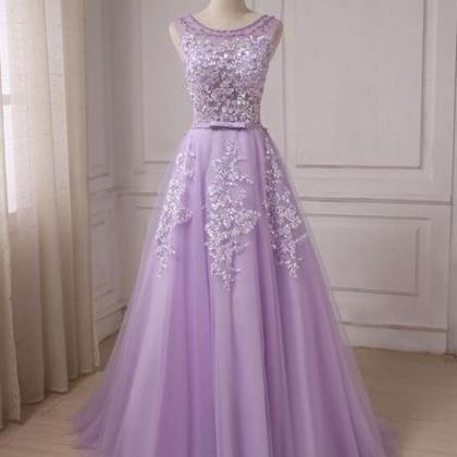 Lavender Tulle Lace Applique Long Teen Party Dress