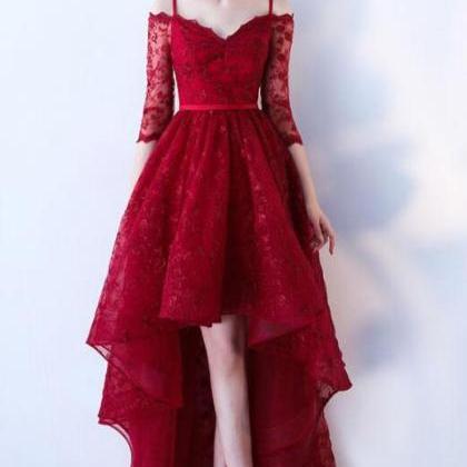 A Line High Low Burgundy Lace Short Prom Dress