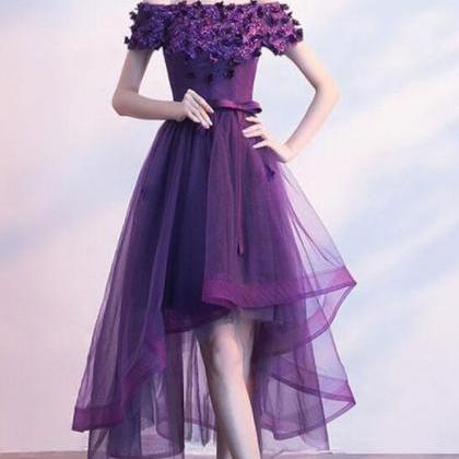 Tulle Purple Short Prom Dress With Lace