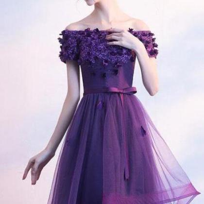 Tulle Purple Short Prom Dress With Lace