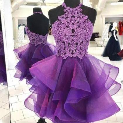 Purple Tulle Lace Short Prom Dress