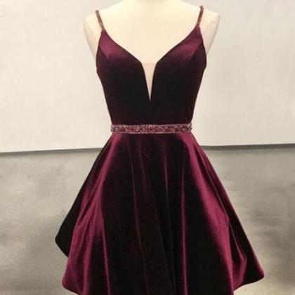 Velvet Short Burgundy Prom Dress, Burgundy..