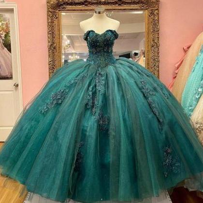 Off Shoulder Green Ball Gown Prom Dress
