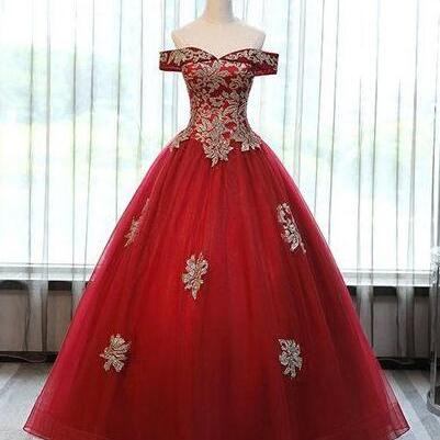 Burgundy Tulle Off Shoulder Prom Dress With Lace..