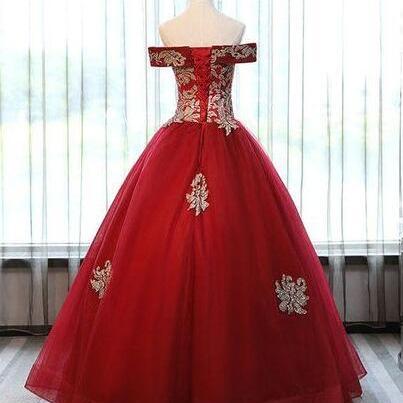 Burgundy Tulle Off Shoulder Prom Dress With Lace..