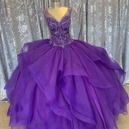 Purple V Neck Prom Dress With Beading