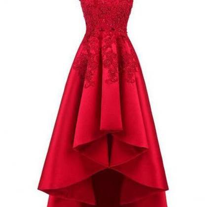 Red Lace Satin Prom Dress, High Low Prom Dress