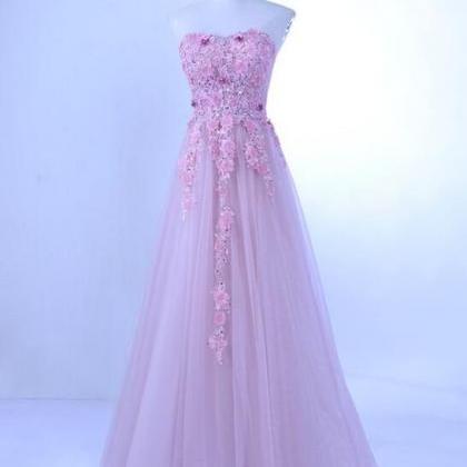 Ball Gown Pink Tulle Lace Applique Long Sweetheart Prom Dresses LBQ1810 main image 1