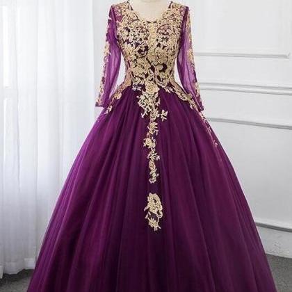 Purple Tulle Long Sleeves With Lace Applique