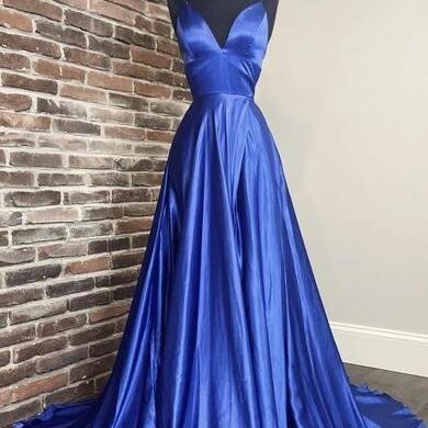 Spaghetti Straps Royal Blue Satin Prom Dress