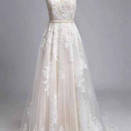 Champagne Round Neck Tulle Lace Long Weeding Dress
