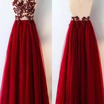 A-line Pretty Burgundy Lace Tulle Long Prom Dress,..