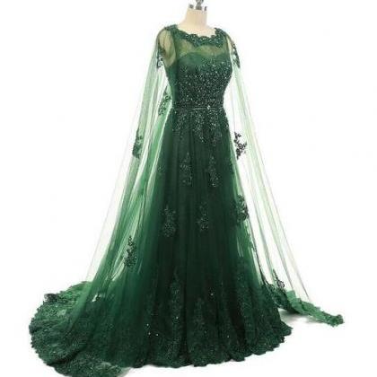 Emerald Greenlace Prom Dresses With Long Appliques..