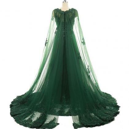 Emerald Greenlace Prom Dresses With Long Appliques..