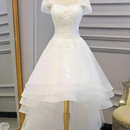 Cap Sleeves High Low Tulle Wedding Dress, Simple..