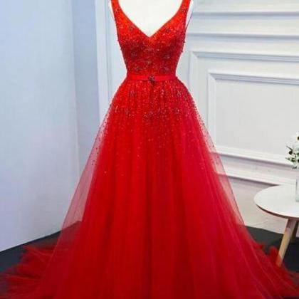 Beadings Tulle Long Party Dress With Belt, Red..