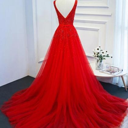 Beadings Tulle Long Party Dress With Belt, Red..