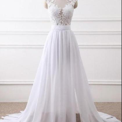 White Round Neck Top Lace Chiffon Wedding Dress