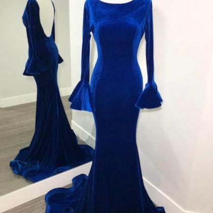 Royal Blue Long Sleeves Velvet Prom..