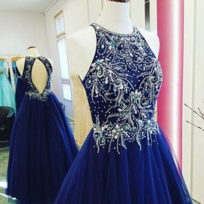 Royal Blue Tulle Beaded Prom Dresses,fashion Prom..