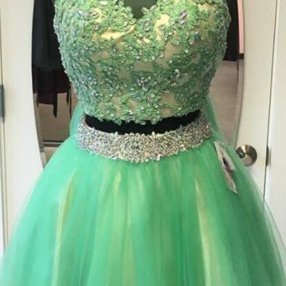 Green Tulle Beaded Two Piece Homecoming Dresses
