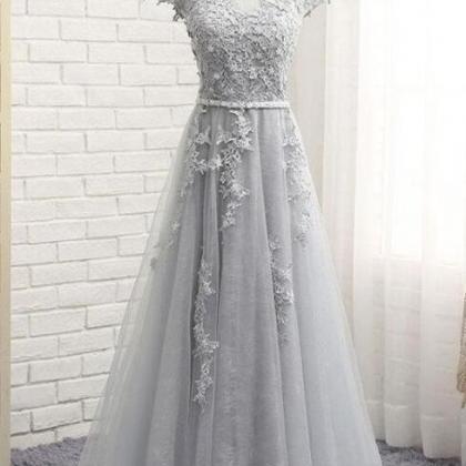 A Line Silver Lace Long Prom Dresses Party Gowns