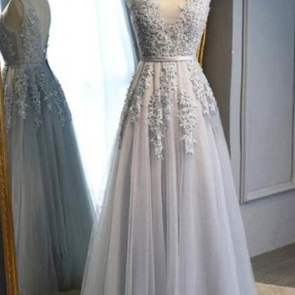 Light Gray A Line Lace V Neck Long Prom Dress