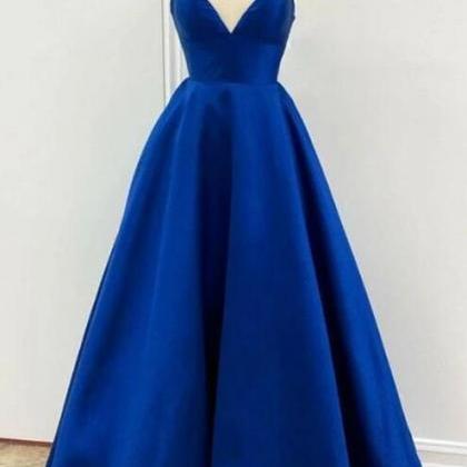 Royal Blue V Neck Backless Satin Prom Dress,..