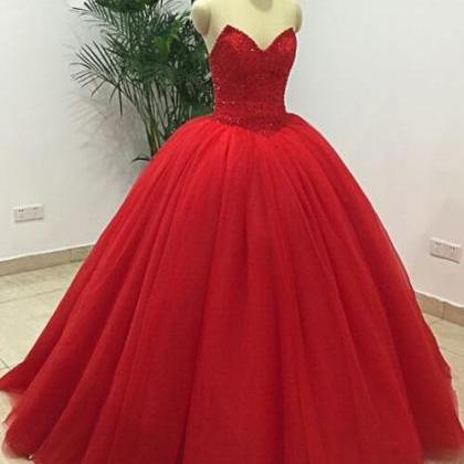 Sweetheart Red Long Beaded Prom Dress, Quinceanera..
