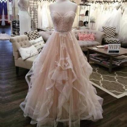 A Line Light Pink Tulle Lace Prom Dress, Evening..