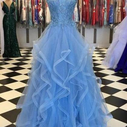 A Line Blue Lace Tulle Prom Dresses