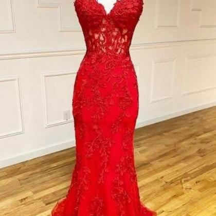 Strapless Red Lace Prom Dress Long With Appliques