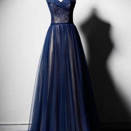 A Line Dark Blue Tulle Long Prom Dress, Dark Blue..