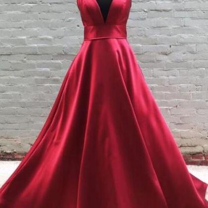 V-neck Burgundy Satin Prom Dress main image 0