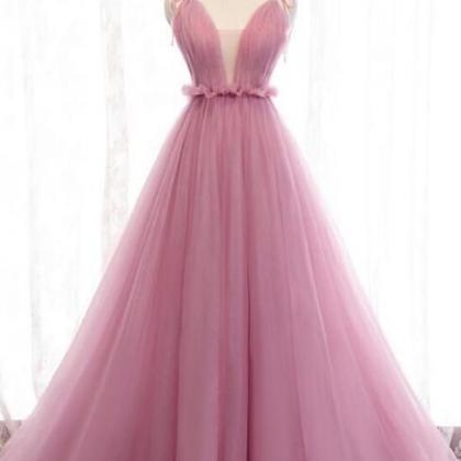 Pink V-neckline Straps Tulle Long Evening Dress