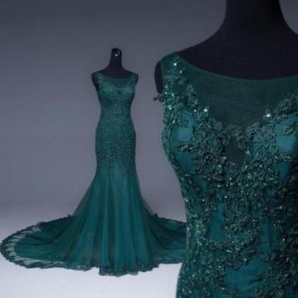 Mermaid Emerald Green Tulle Prom Dresses Formal..
