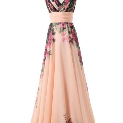 Women Sleeveless Floral Print Chiffon Prom Dress