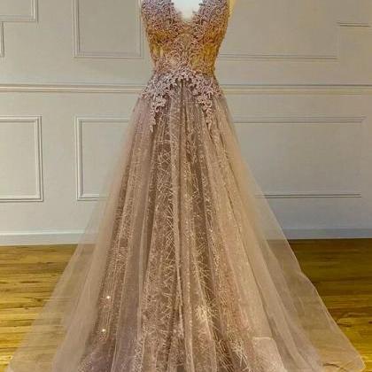 A Line Champagne Tulle V Neck Customize Lace Prom..