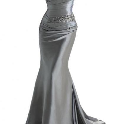 Mermaid Silver Gray Prom Dresses,long Satin Prom..