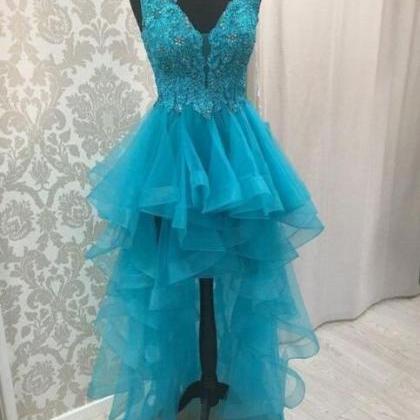 High Low Organza Pleated Appliques V Neck Prom..