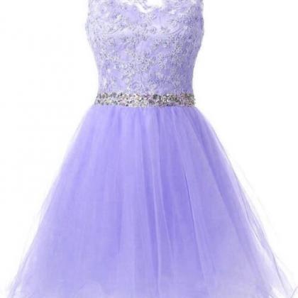 Lavender Short Lace And Beaded Prom Dress