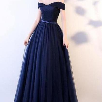 Navy Blue Off Shoulder Sweetheart Long Formal Dress, A-line Navy Blue Prom Dress main image 1