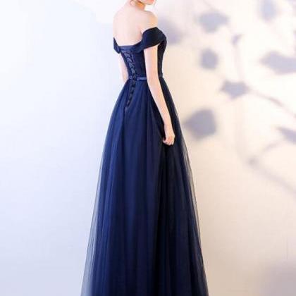 Navy Blue Sweetheart Off Shoulder Tulle Prom Dress, A-line Tulle Formal Dress main image 1