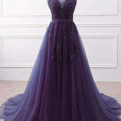 Purple Tulle V-neckline Long Party Dress