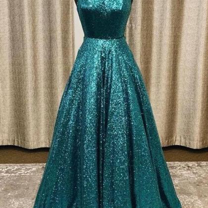 A-line Turquoise Sequined Long Prom Dress