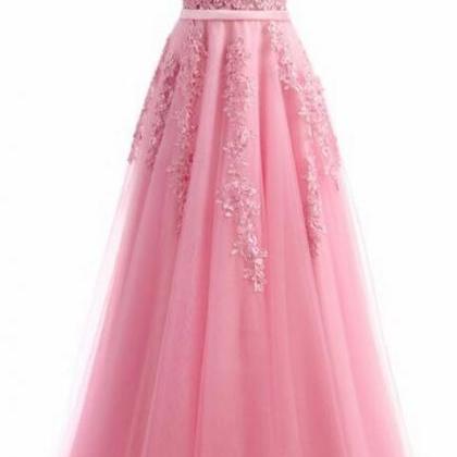 Floor Length Pink Tulle Long Prom Dress With Lace