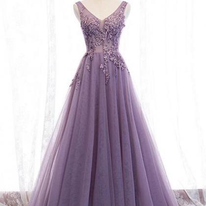A Line Purple Beading Appliques Tulle Prom Dress